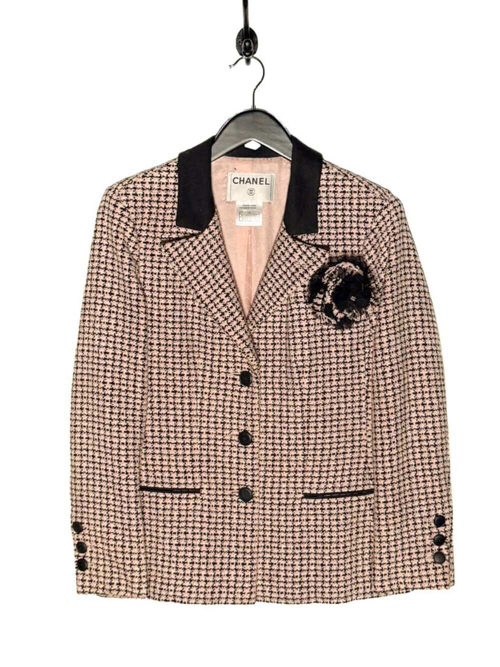 Chanel Vintage SS02 Black Pink Tweed Floral Accent Jacket